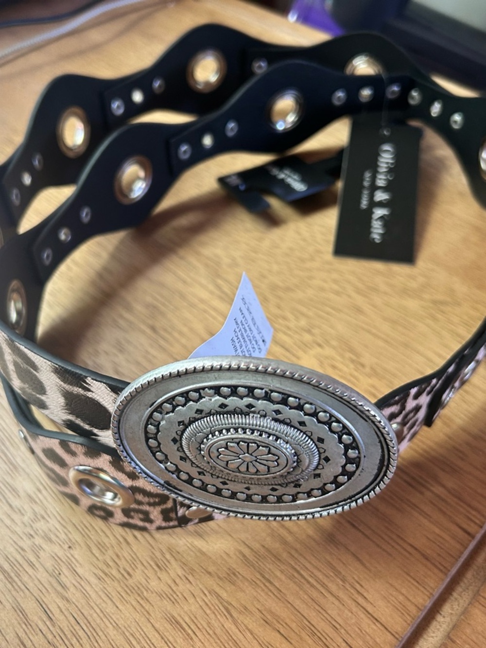 NWT Olivia & Kate Brown Leopard-Print Decorative Silver Buckle Western Belt